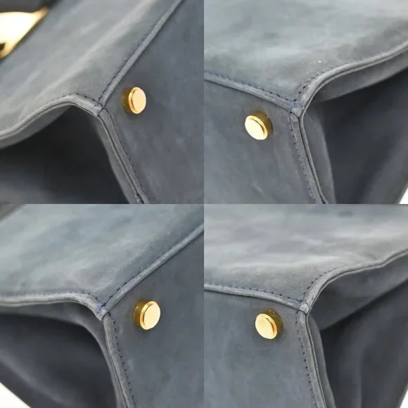 SALVATORE FERRAGAMO Vara Hand Bag Suede Leather Navy Blue Gold Italy 69KB383